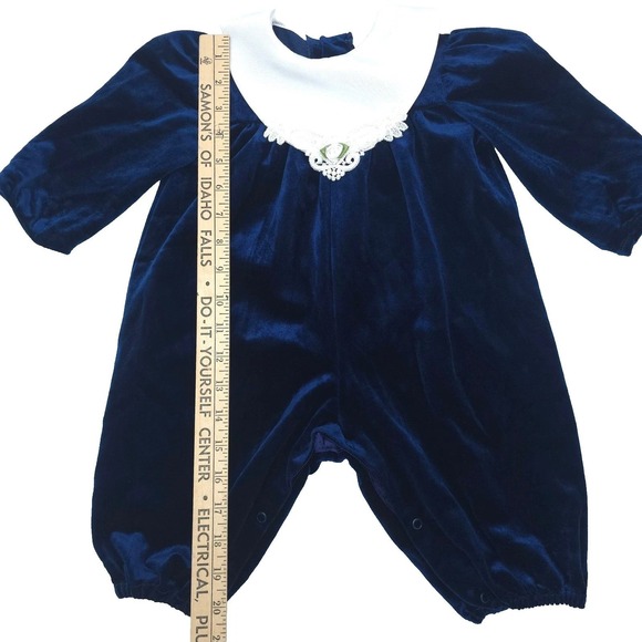 Vintage Rare Editions Bubble Romper Girls Blue Velvet Lace Peter Pan Collar 18M - Picture 6 of 7